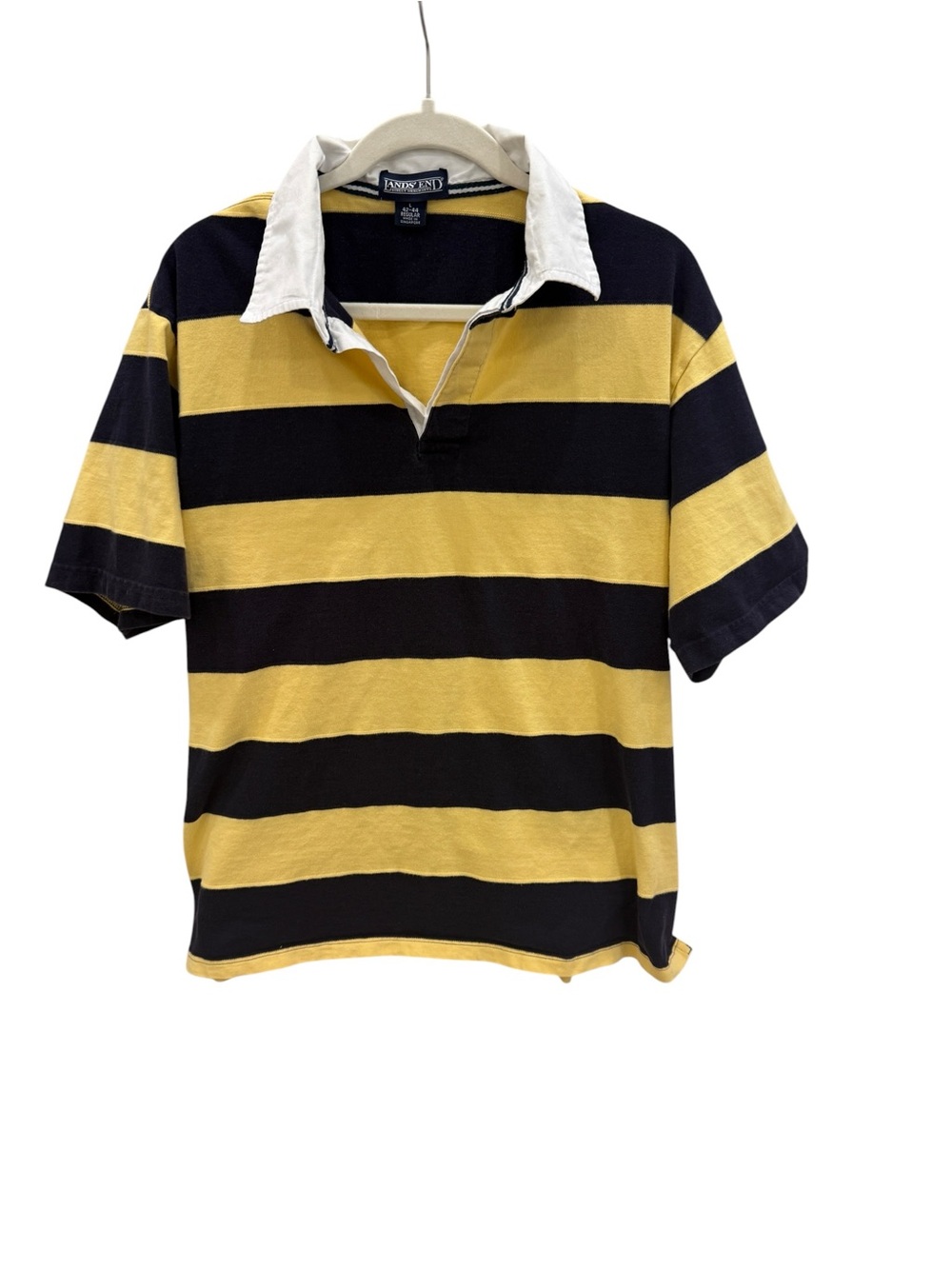 VTG Lands send Men's Size Large Striped Rugby Shirt Navy and Yellow